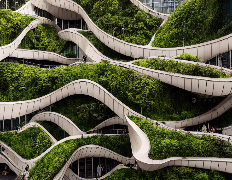 Curvy, bendy, intertwined city covered with green trees and plant Digital art 3D illustration